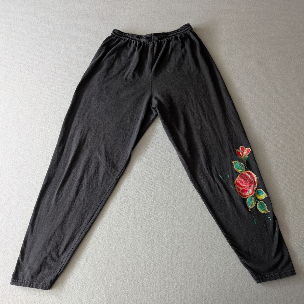 Vintage Cotton Pants Handpainted Floral Rose Black Jogger Artsy Chic Teacher - Picture 2 of 12
